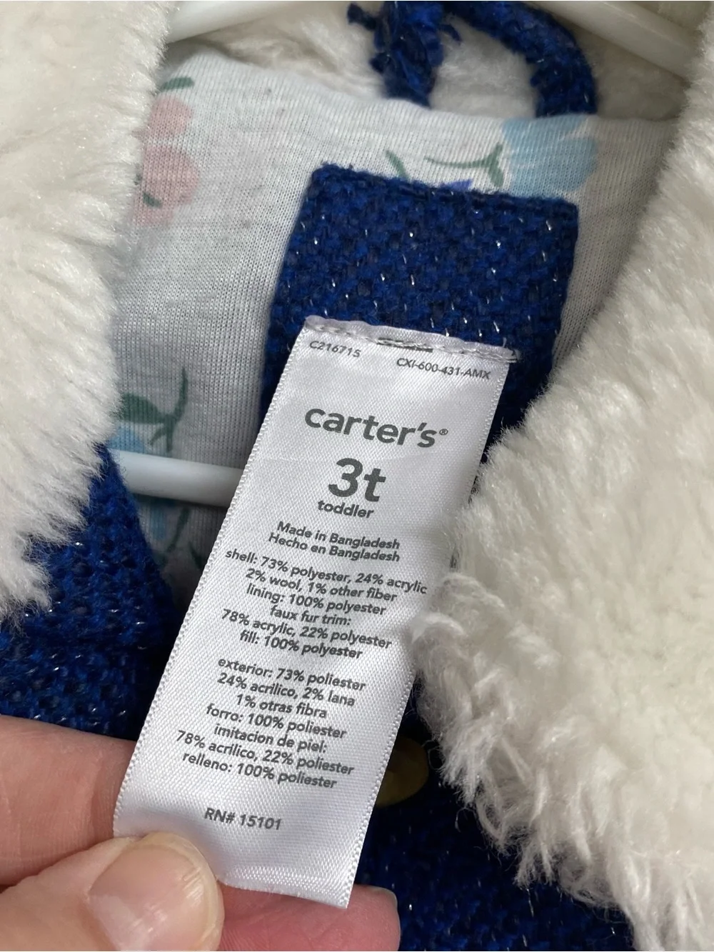 Carter's Toddler Navy Coat with White Faux Fur Collar